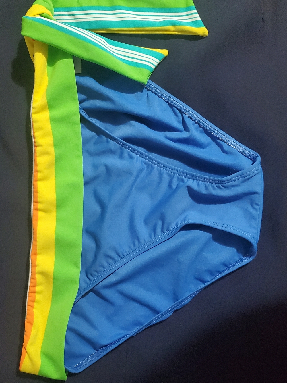 Ralph Lauren Blue Swim Trunks with Green & Yellow Stripe